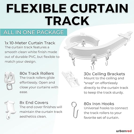 Flexible Bendable 32.8FT 10m Ceiling Curtain Track for Room Divider, Shower, Curved Slide Rail, White