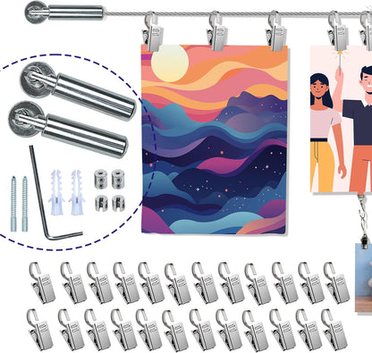 5M Adjustable Wire Art Display Track – Perfect for Kids' Art Walls, Picture Hanging, and Artwork – Photos and Art Hanging System with 24 Clips